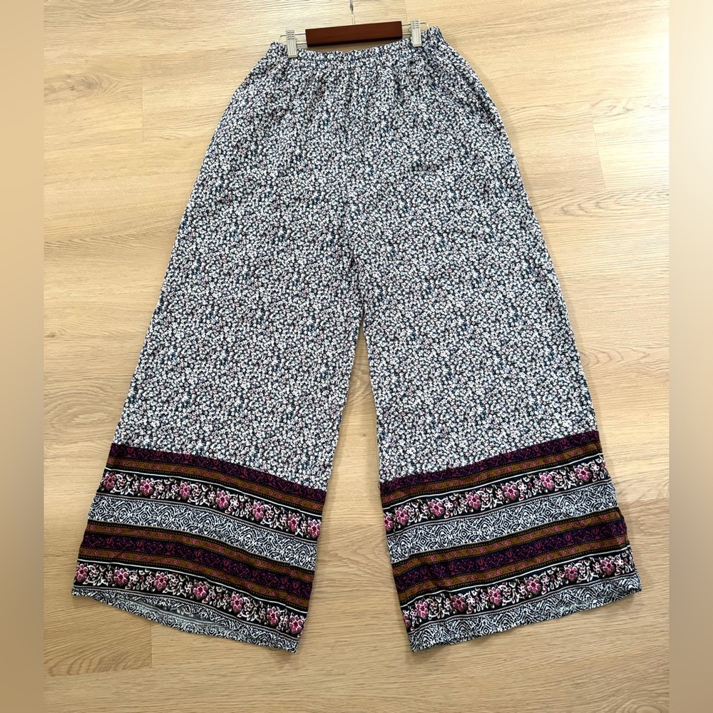 Umgee Women Floral Viscose Pants Pull  Boho Hippie Festival Elastic Sz Med